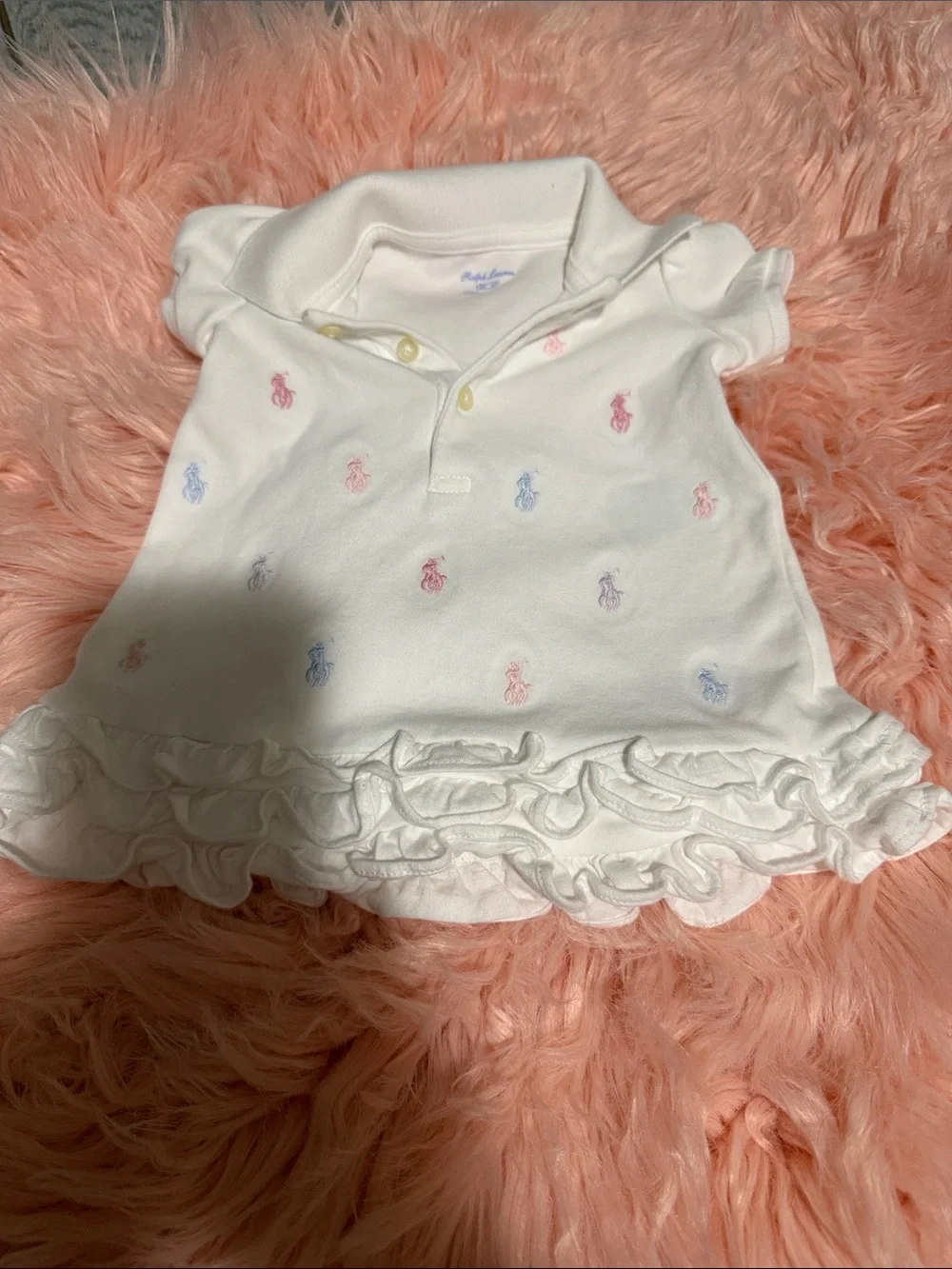 Ralph Lauren White Ruffle Polo Top with Pastel Embroidery